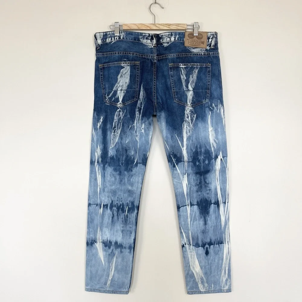 Grindhouse Jeans Dark Blue Acid Wash Relaxed Straight Moto Measures 38x32 **